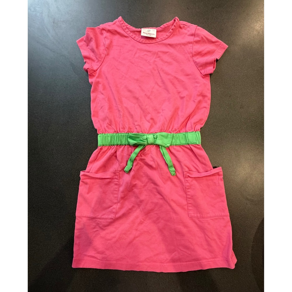Hanna Andersson T-Shirt Dress Size 6 Pink Green‎ Bow Cotton Pocket Play Dress